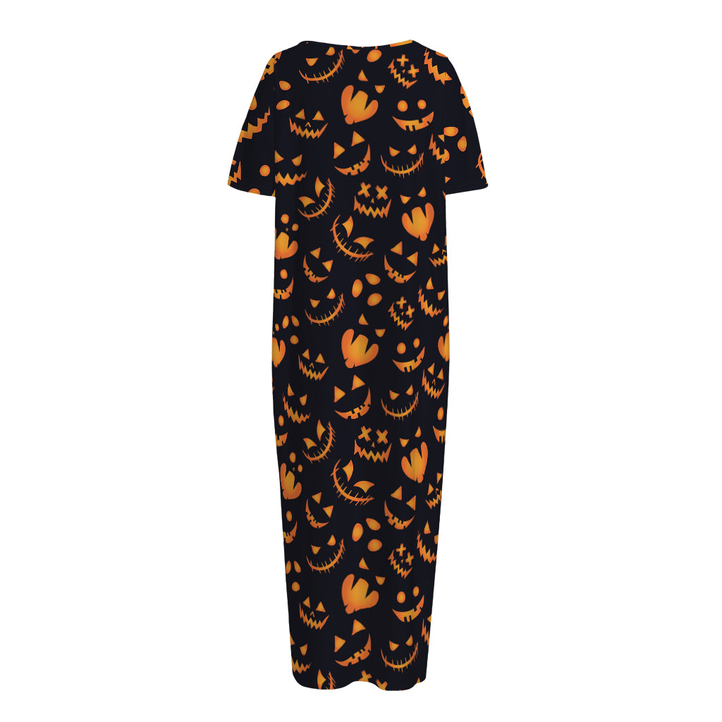 Halloween Pumpkin Faces Pattern Print Short Sleeve Long Nightdress