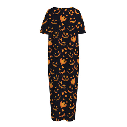 Halloween Pumpkin Faces Pattern Print Short Sleeve Long Nightdress
