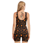 Halloween Pumpkin Faces Pattern Print Sleeveless One Piece Swimsuit