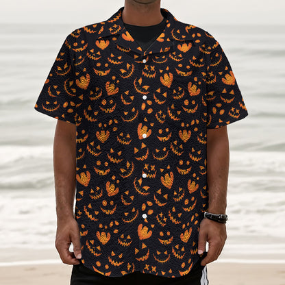 Halloween Pumpkin Faces Pattern Print Textured Short Sleeve Shirt