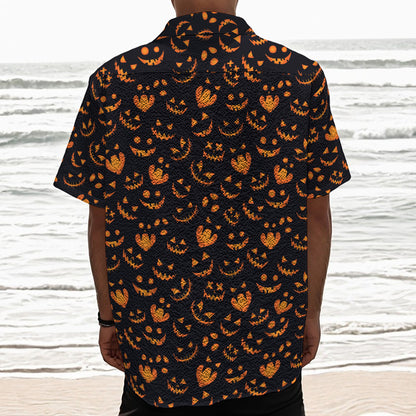 Halloween Pumpkin Faces Pattern Print Textured Short Sleeve Shirt