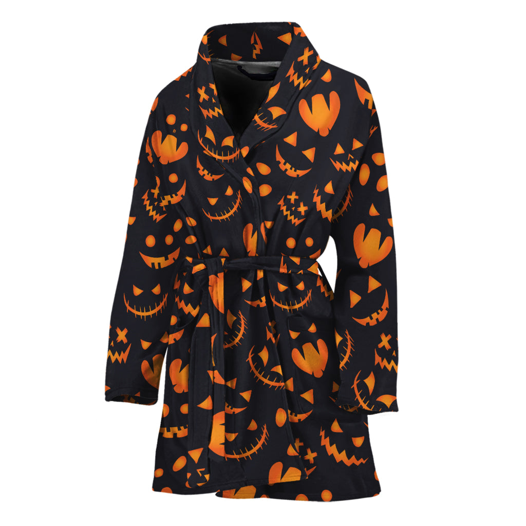 Halloween Pumpkin Faces Pattern Print Women's Bathrobe