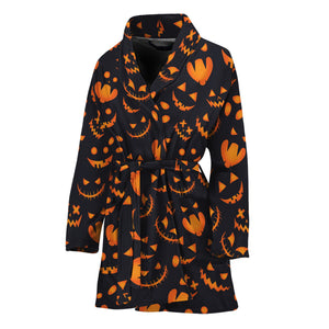 Halloween Pumpkin Faces Pattern Print Women's Bathrobe