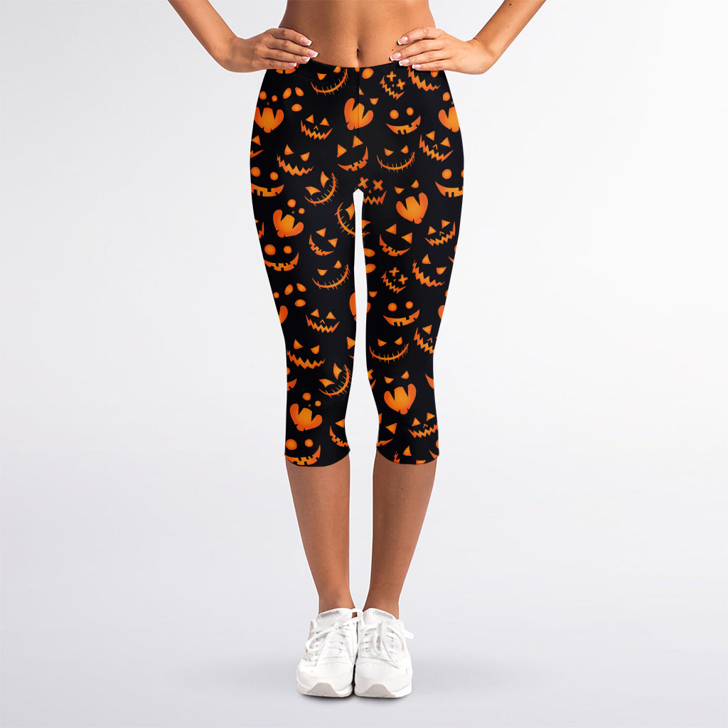Halloween Pumpkin Faces Pattern Print Women's Capri Leggings