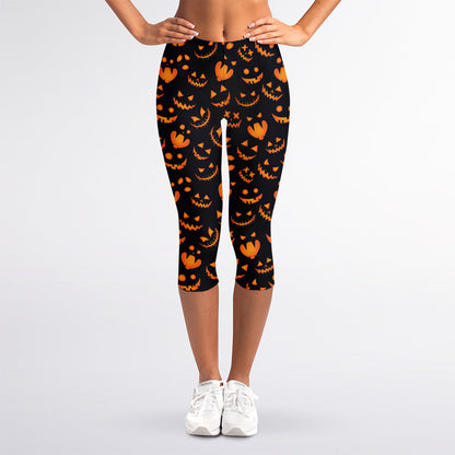 Halloween Pumpkin Faces Pattern Print Women's Capri Leggings