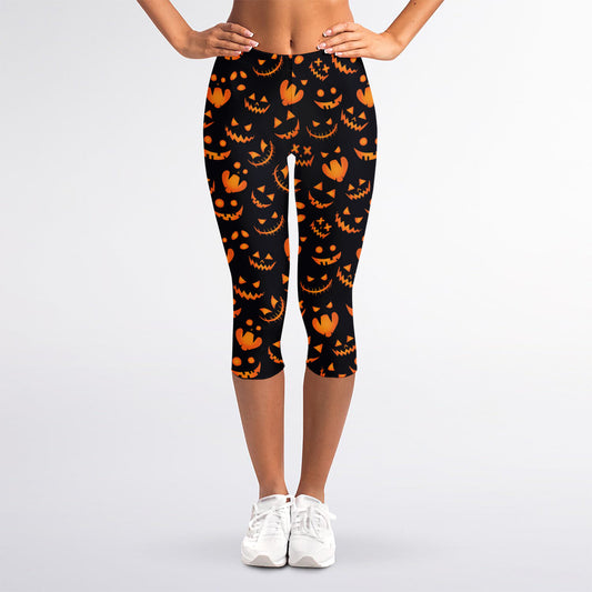Halloween Pumpkin Faces Pattern Print Women's Capri Leggings