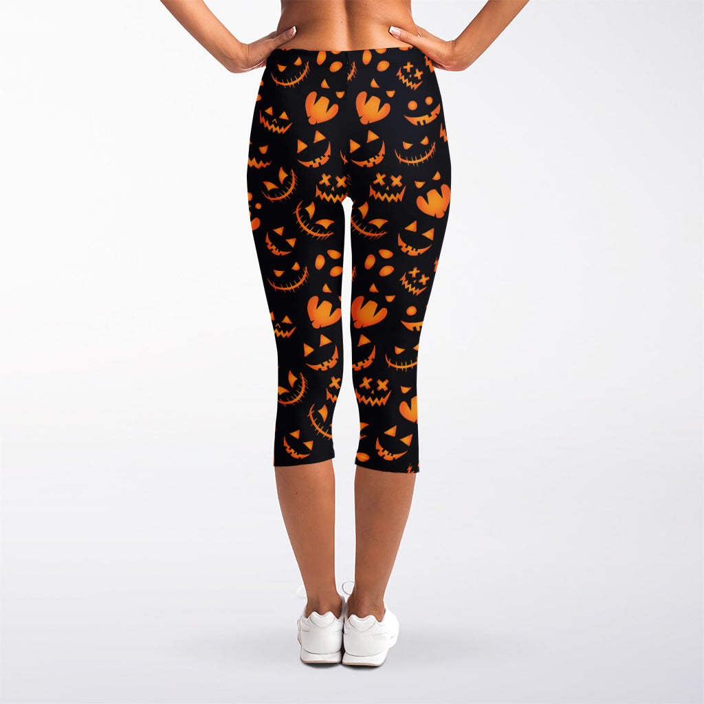 Halloween Pumpkin Faces Pattern Print Women's Capri Leggings