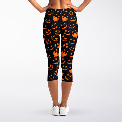 Halloween Pumpkin Faces Pattern Print Women's Capri Leggings