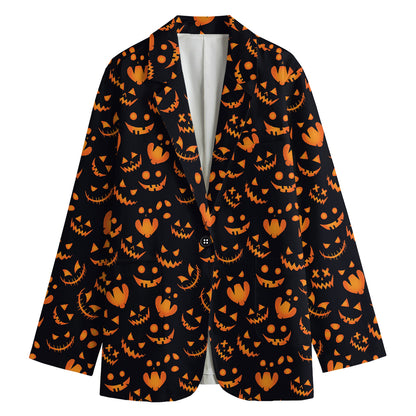 Halloween Pumpkin Faces Pattern Print Women's Cotton Blazer