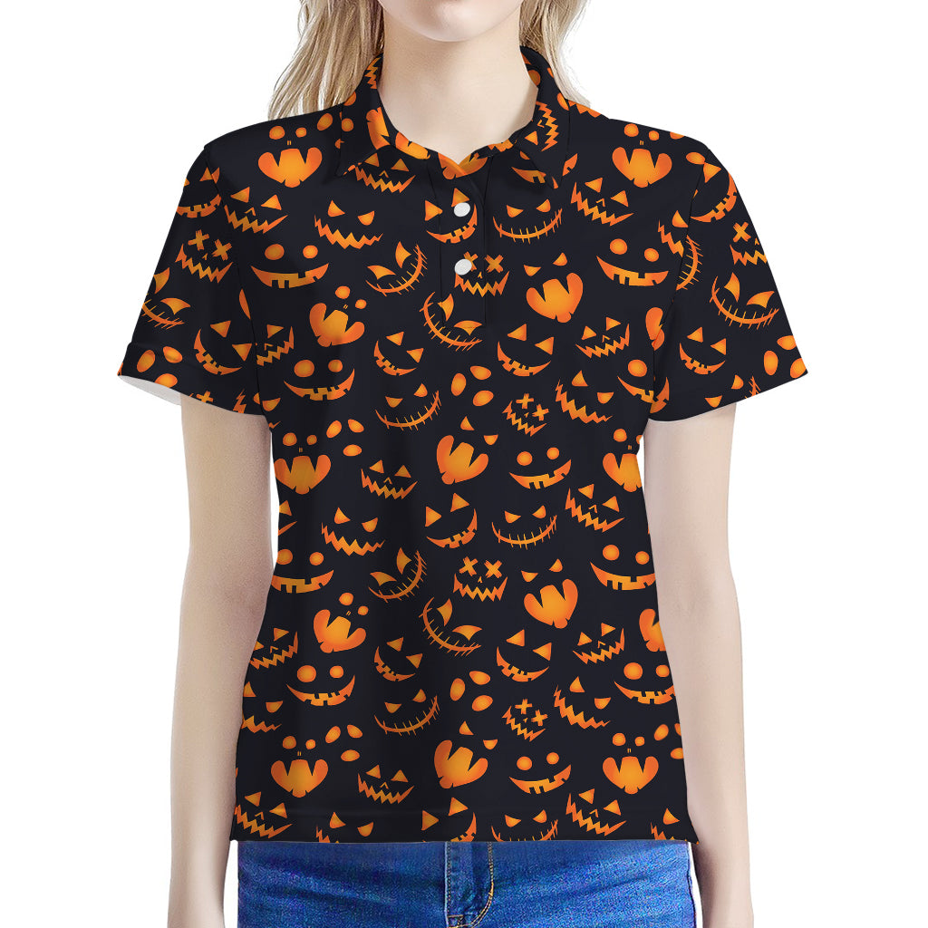 Halloween Pumpkin Faces Pattern Print Women's Polo Shirt