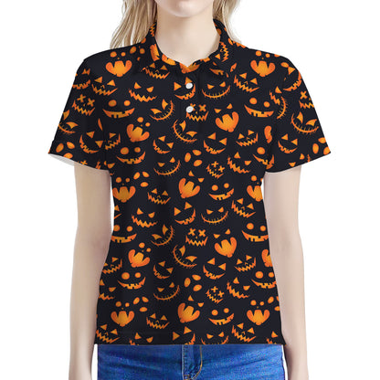 Halloween Pumpkin Faces Pattern Print Women's Polo Shirt