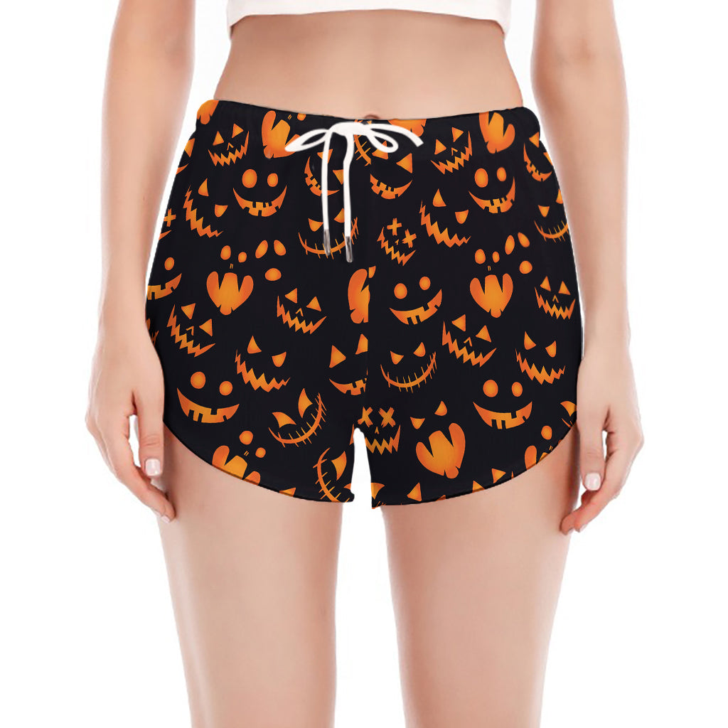Halloween Pumpkin Faces Pattern Print Women's Split Running Shorts
