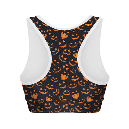Halloween Pumpkin Faces Pattern Print Women's Sports Bra