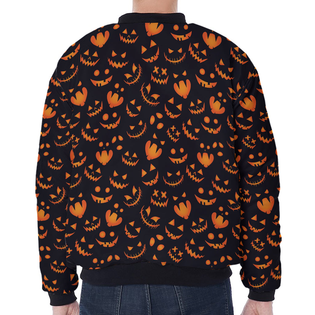 Halloween Pumpkin Faces Pattern Print Zip Sleeve Bomber Jacket