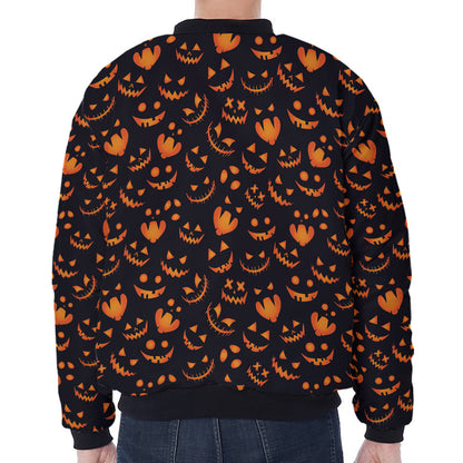 Halloween Pumpkin Faces Pattern Print Zip Sleeve Bomber Jacket