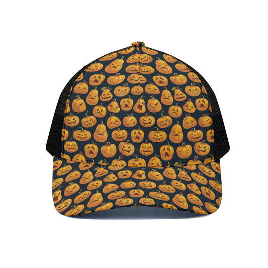 Halloween Pumpkin Jack-O'-Lantern Print Black Mesh Trucker Cap