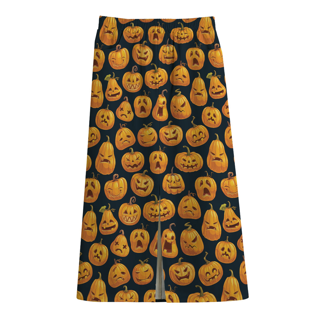Halloween Pumpkin Jack-O'-Lantern Print Cotton Front Slit Maxi Skirt