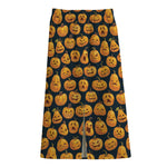 Halloween Pumpkin Jack-O'-Lantern Print Cotton Front Slit Maxi Skirt