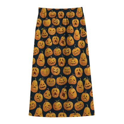 Halloween Pumpkin Jack-O'-Lantern Print Cotton Front Slit Maxi Skirt