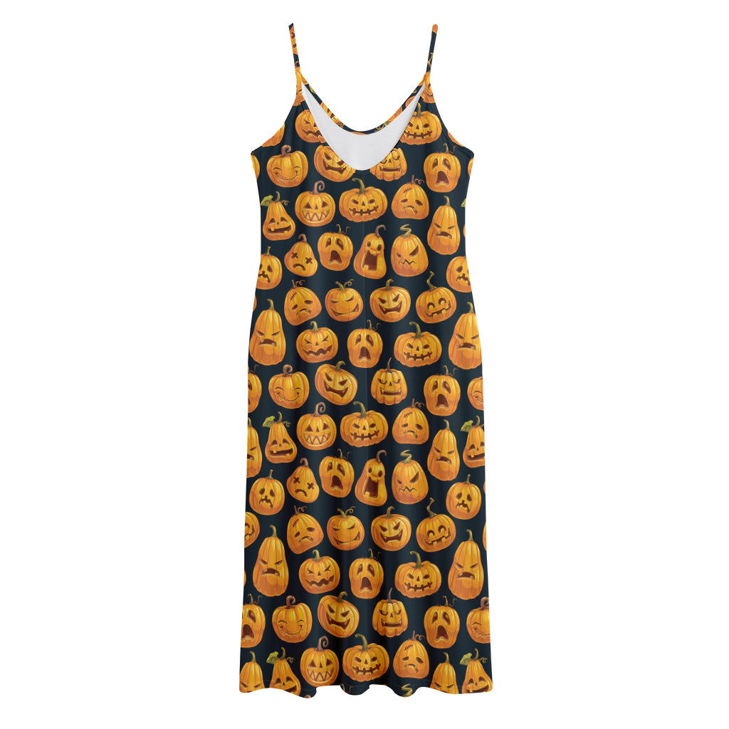 Halloween Pumpkin Jack-O'-Lantern Print Jersey Midi Cami Dress