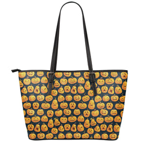 Halloween Pumpkin Jack-O'-Lantern Print Leather Tote Bag