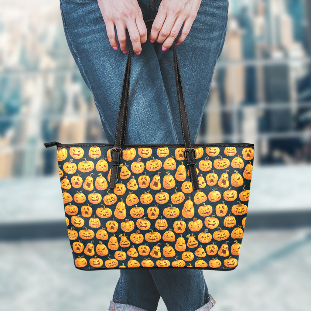 Halloween Pumpkin Jack-O'-Lantern Print Leather Tote Bag