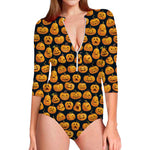 Halloween Pumpkin Jack-O'-Lantern Print Long Sleeve Swimsuit