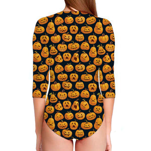 Halloween Pumpkin Jack-O'-Lantern Print Long Sleeve Swimsuit