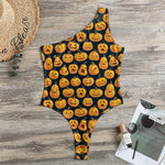 Halloween Pumpkin Jack-O'-Lantern Print One Shoulder Bodysuit