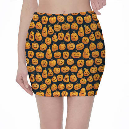 Halloween Pumpkin Jack-O'-Lantern Print Pencil Mini Skirt