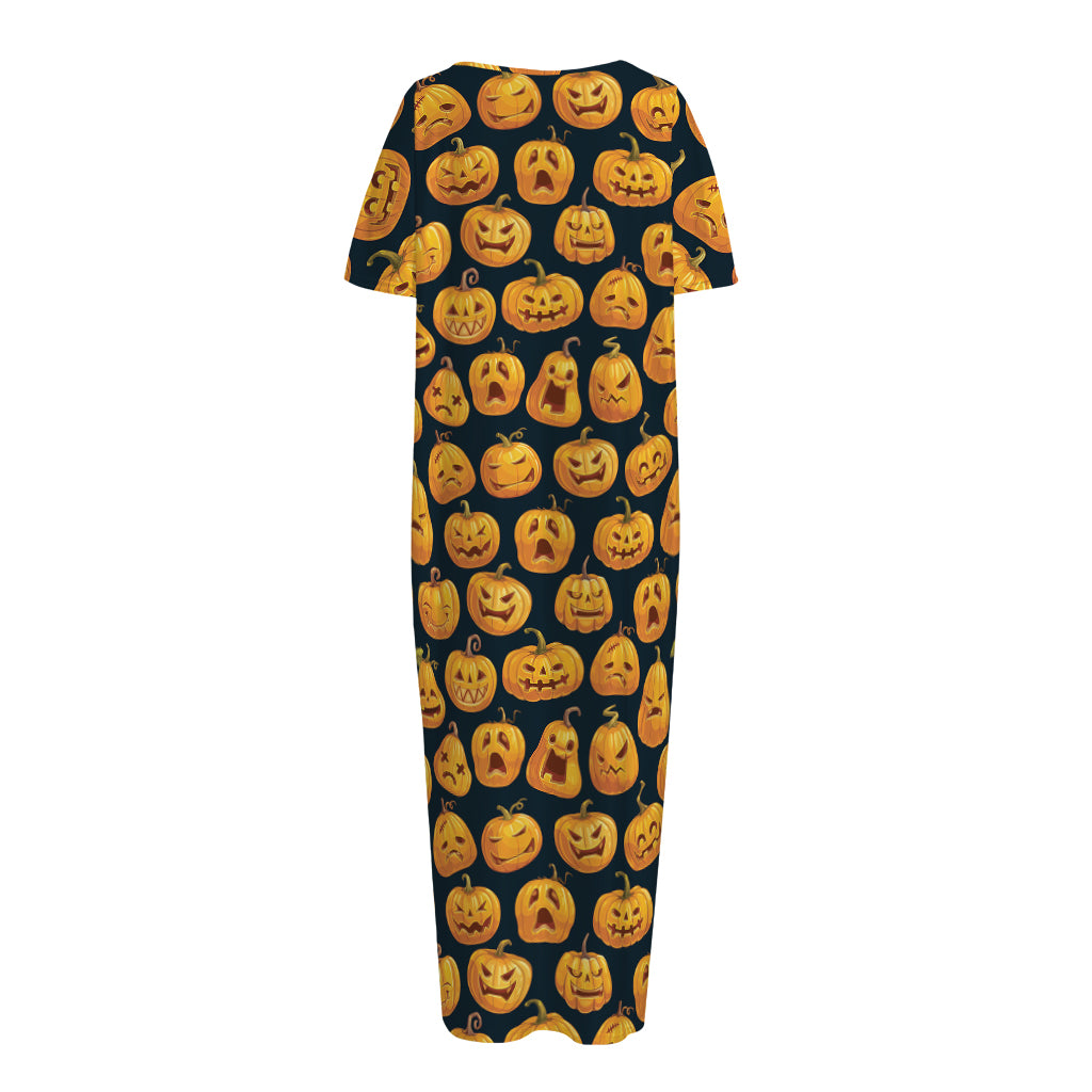 Halloween Pumpkin Jack-O'-Lantern Print Short Sleeve Long Nightdress