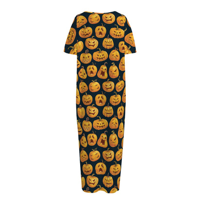 Halloween Pumpkin Jack-O'-Lantern Print Short Sleeve Long Nightdress