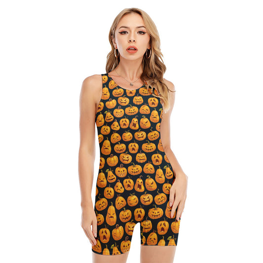 Halloween Pumpkin Jack-O'-Lantern Print Sleeveless One Piece Swimsuit