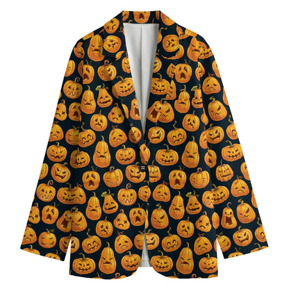 Halloween Pumpkin Jack-O'-Lantern Print Women's Cotton Blazer