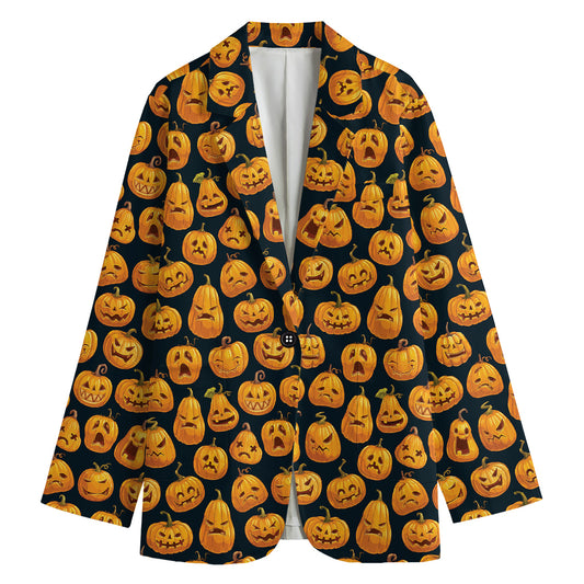 Halloween Pumpkin Jack-O'-Lantern Print Women's Cotton Blazer