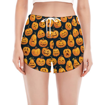 Halloween Pumpkin Jack-O'-Lantern Print Women's Split Running Shorts