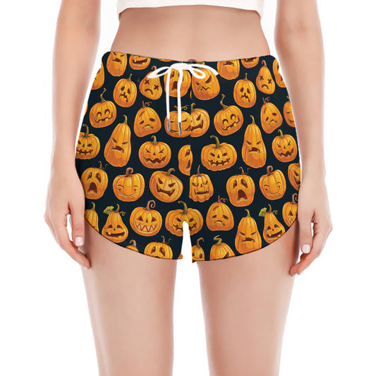 Halloween Pumpkin Jack-O'-Lantern Print Women's Split Running Shorts