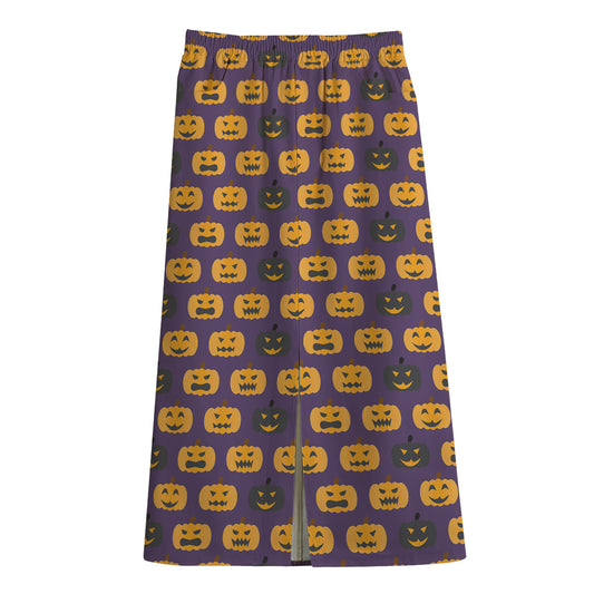Halloween Pumpkin Pattern Print Cotton Front Slit Maxi Skirt