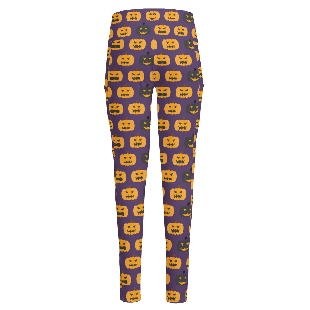 Halloween Pumpkin Pattern Print High-Waisted Pocket Leggings
