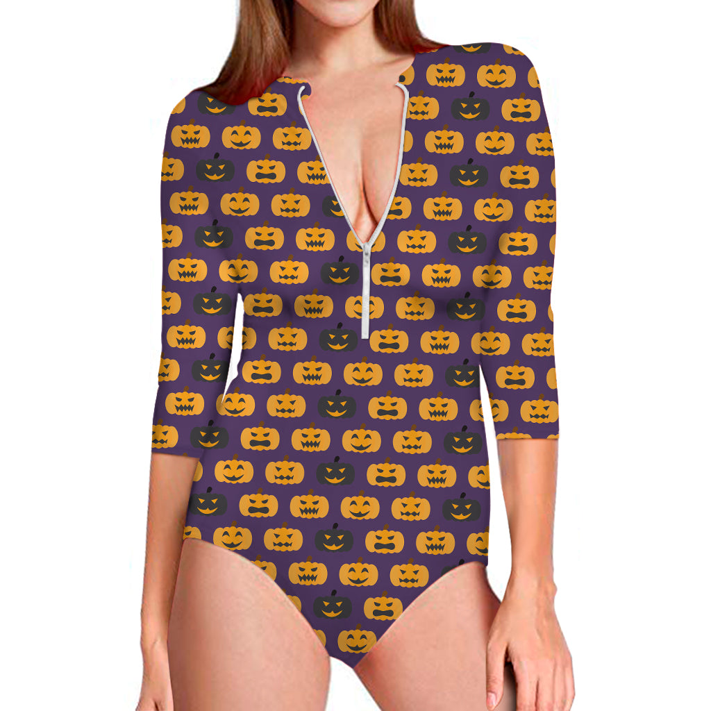 Halloween Pumpkin Pattern Print Long Sleeve Swimsuit