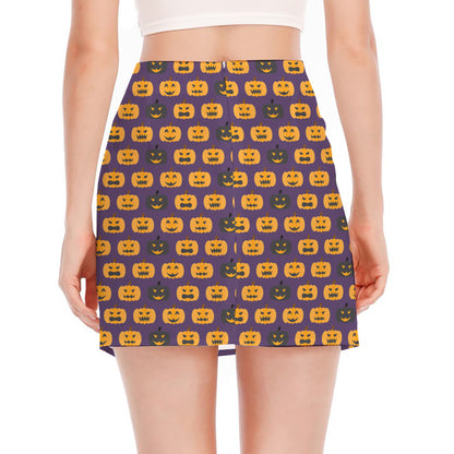 Halloween Pumpkin Pattern Print Side Slit Mini Skirt