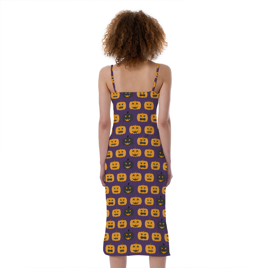 Halloween Pumpkin Pattern Print Slim Fit Midi Cami Dress