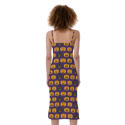 Halloween Pumpkin Pattern Print Slim Fit Midi Cami Dress