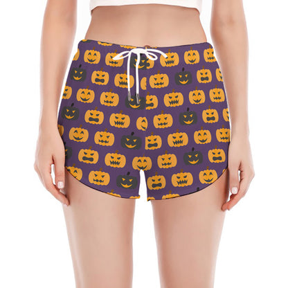 Halloween Pumpkin Pattern Print Women's Split Running Shorts