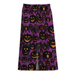 Halloween Pumpkin Smiley Faces Print Cotton Front Slit Maxi Skirt