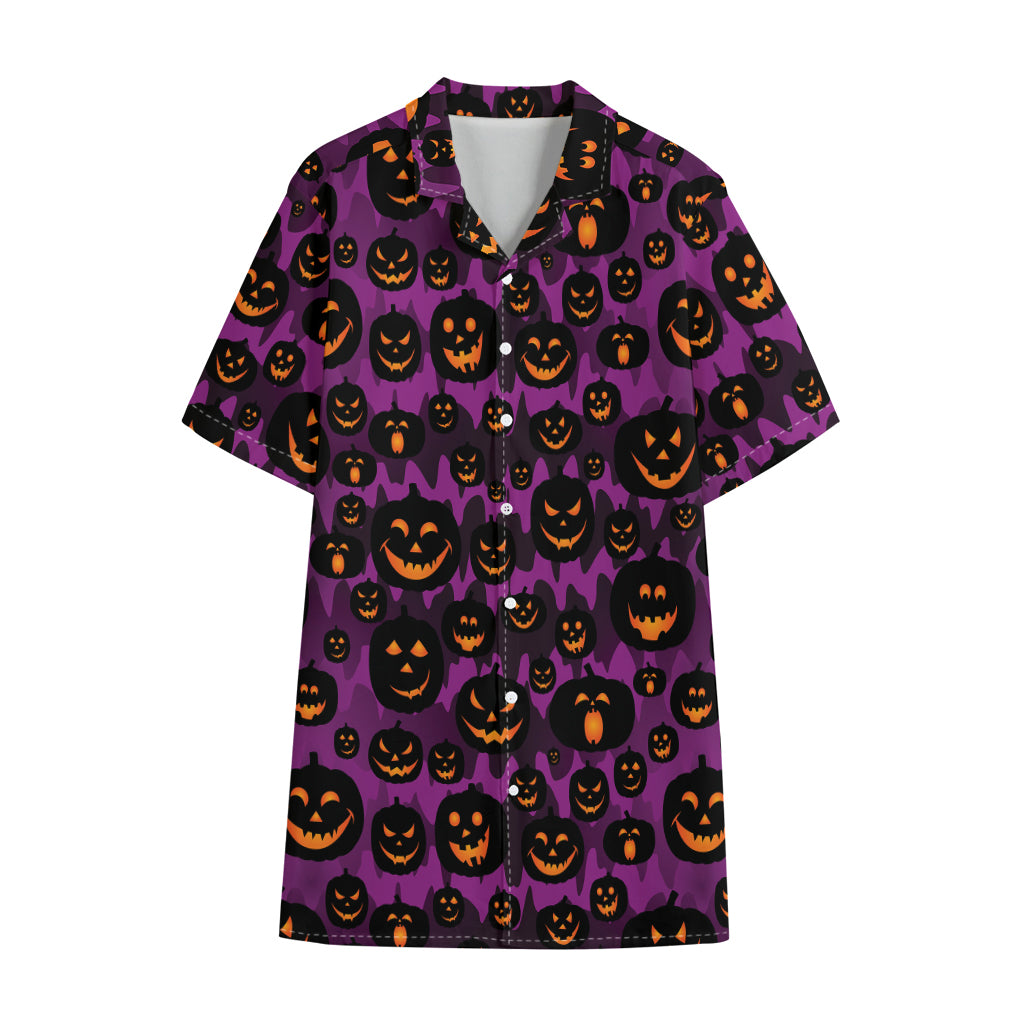 Halloween Pumpkin Smiley Faces Print Cotton Hawaiian Shirt