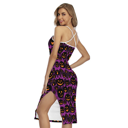 Halloween Pumpkin Smiley Faces Print Cross Back Cami Dress