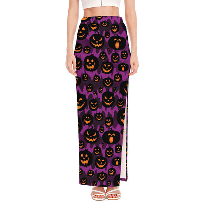 Halloween Pumpkin Smiley Faces Print High Slit Maxi Skirt