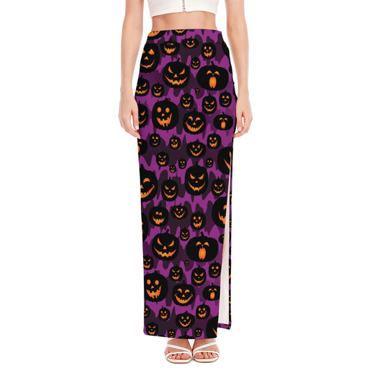 Halloween Pumpkin Smiley Faces Print High Slit Maxi Skirt