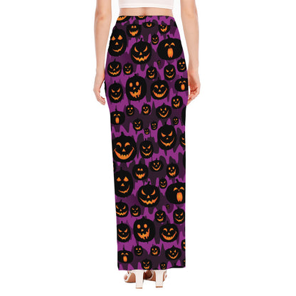 Halloween Pumpkin Smiley Faces Print High Slit Maxi Skirt